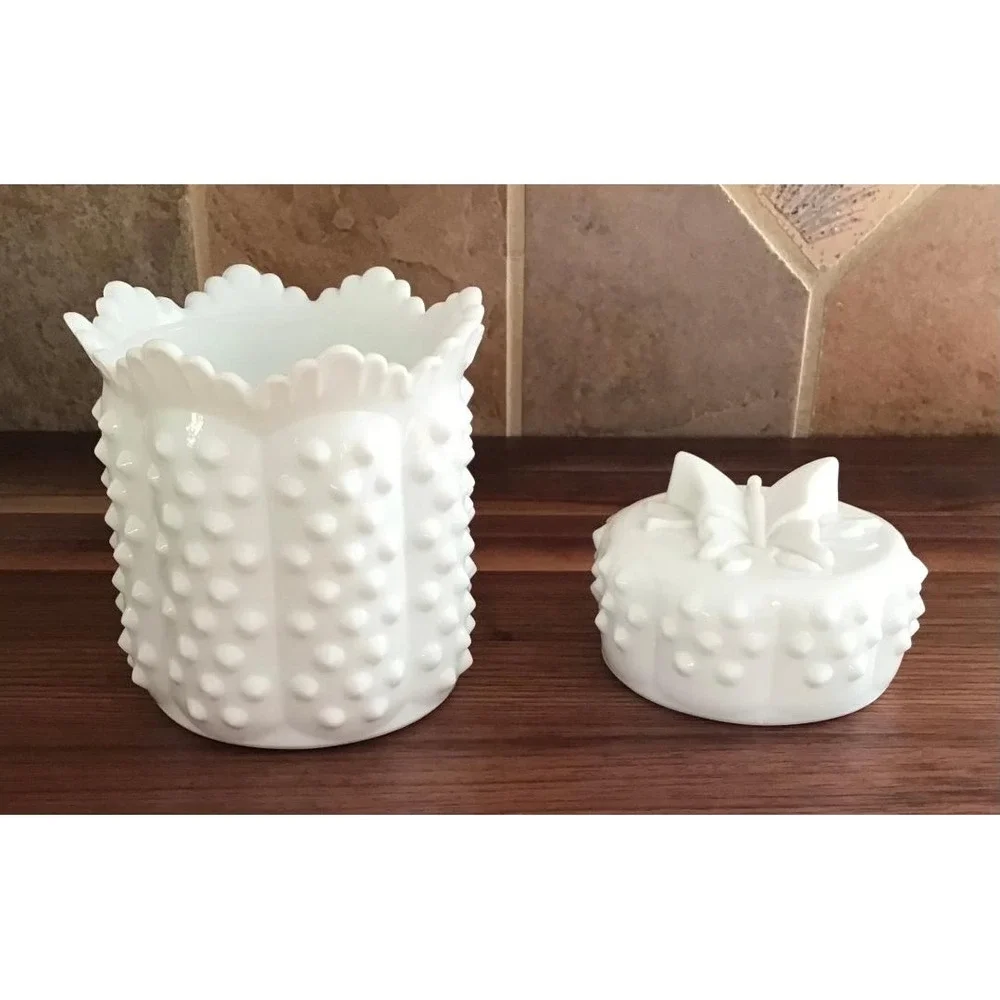 Fenton White Milk Glass Hobnail Canister Butterfly Lid Candy Dish Vintage Jar 6
